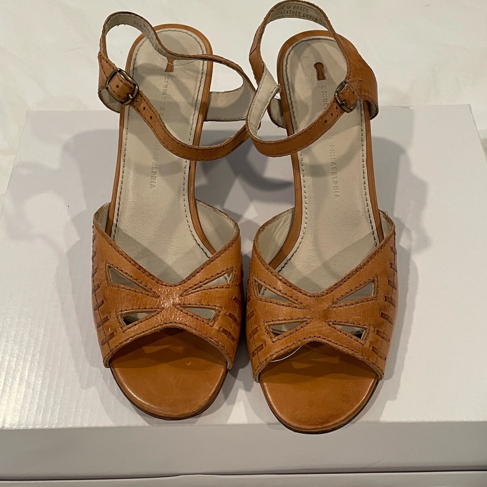 Anthropologie Tan Leather Sandals with Peep-Toe and Ankle Straps
